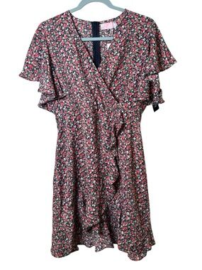 NWT C+D+M Large Pink Floral Wrap Mini Dress with Ruffle Detail